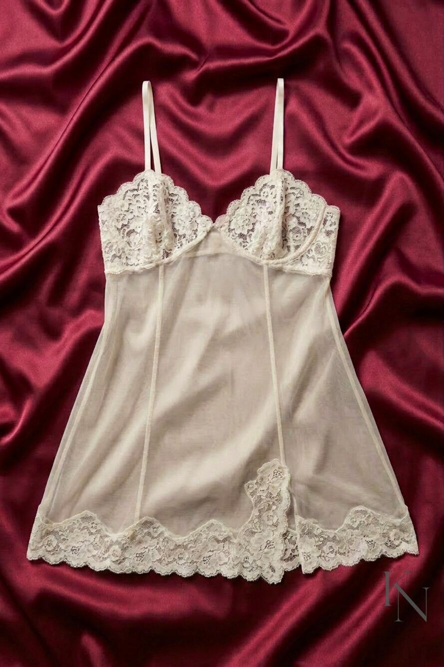 Victoria’s Secret Ivory Lace Sheer Mesh Chemise – Size Large